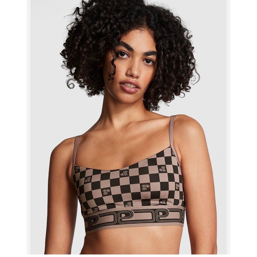 Victoria's Secret PINK Active Checkered Sports Bra Mocha Black Small ultimate